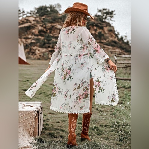 ❤️ SHEIN Swim Floral Print Contrast Lace Split Hem Kimono, Summer Beach large - Picture 6 of 11